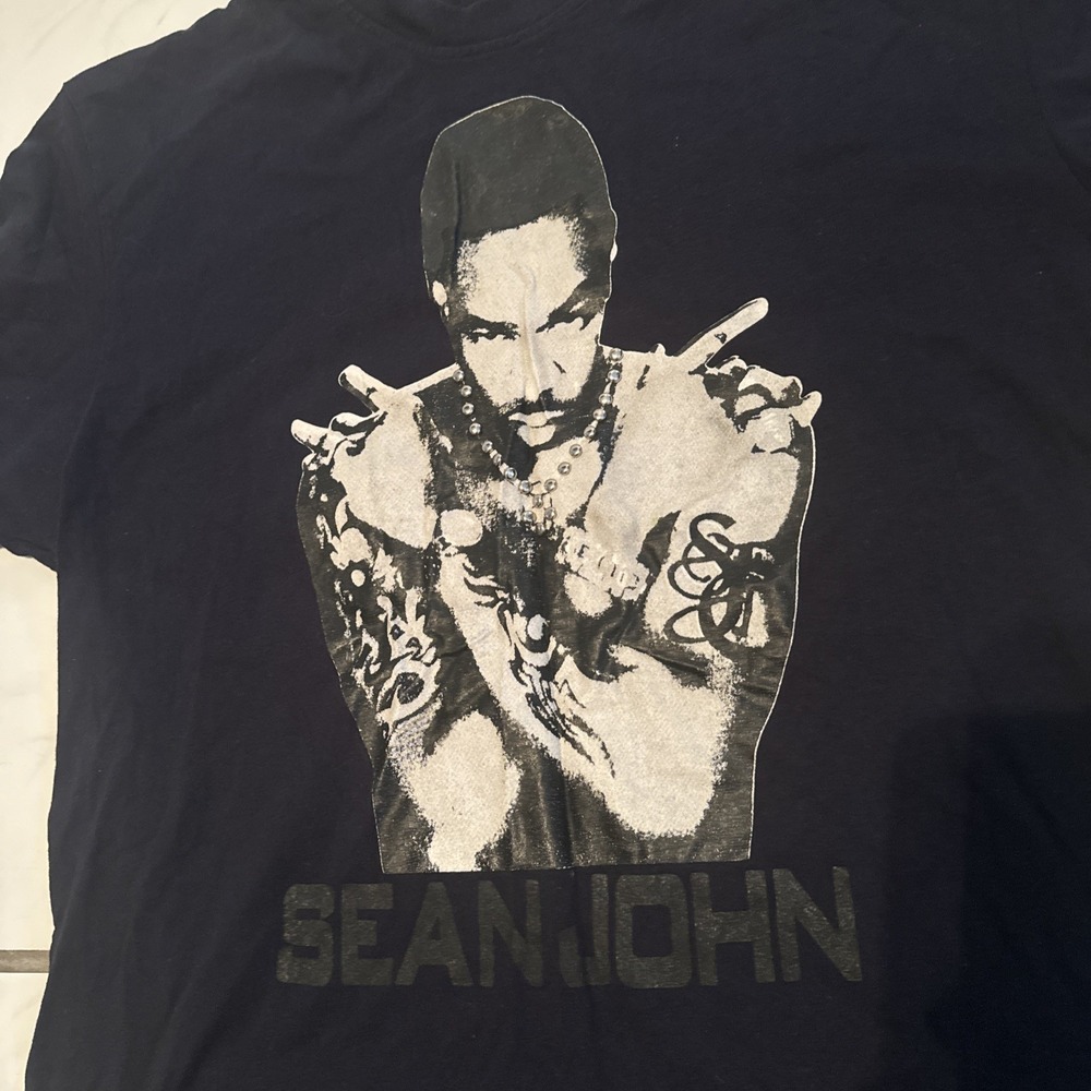 Vtg Y2k Sean John Mens T Shirt Diddy Beaded Spell Out Busta Rhymes L 21x28